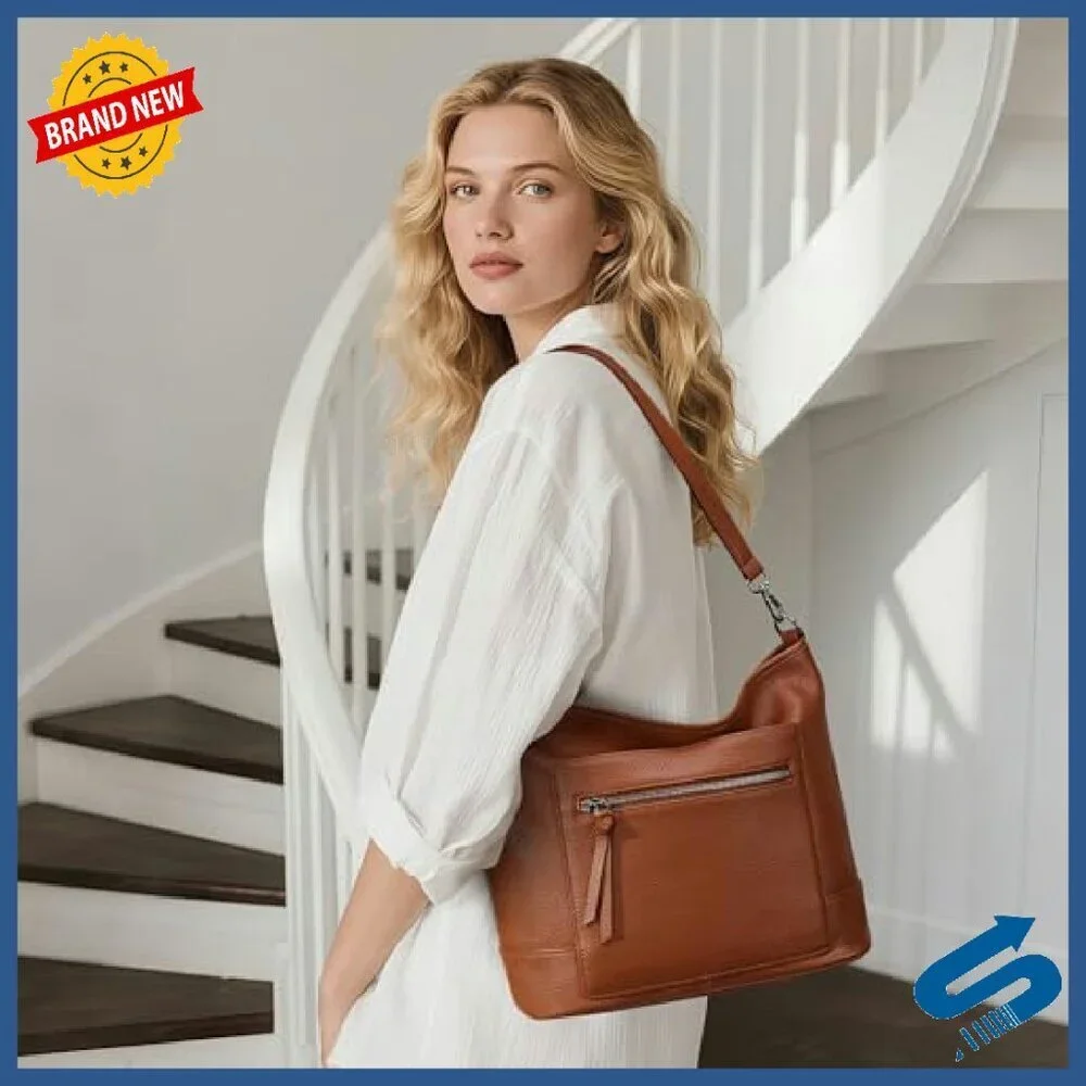 Large Genuine Leather Hobo Bag with Multiple Pockets, Crossbody Shoulder Handbag